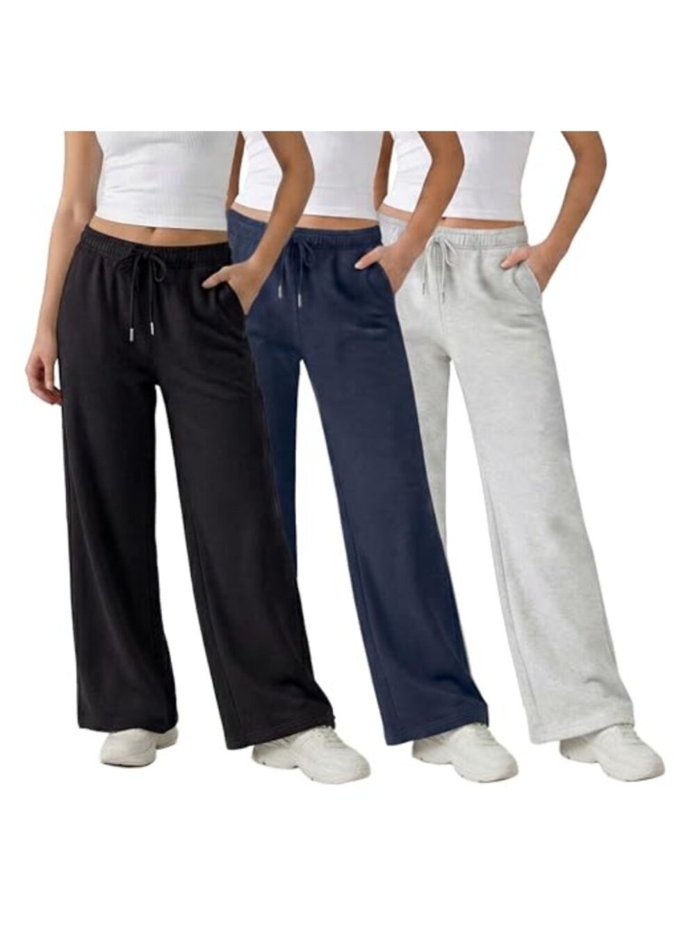 Wide Leg Fleece Sweatpants 3 Pack Drawstring Moisture Wicking Lounge
